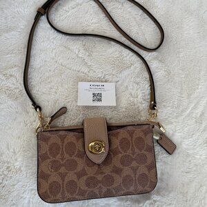 Coach Signature Beige Brown Turnlock Crossbody Handbag Purse Handbag